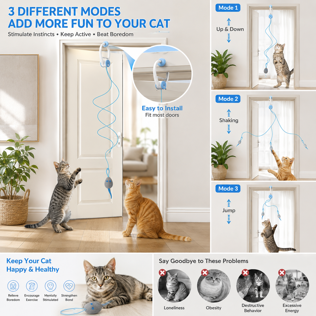 Rechargeable Interactive Cat Teaser Toy – Door Hanging Cat Toy with 3 Motion Modes, Indoor Exercise & Mental Stimulation for Cats