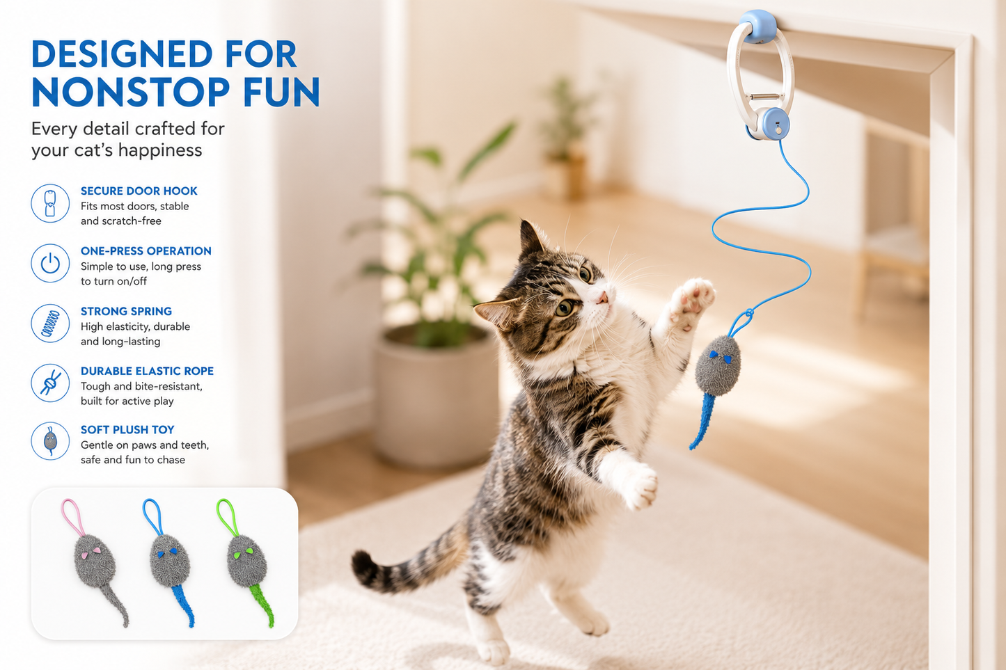 Rechargeable Interactive Cat Teaser Toy – Door Hanging Cat Toy with 3 Motion Modes, Indoor Exercise & Mental Stimulation for Cats